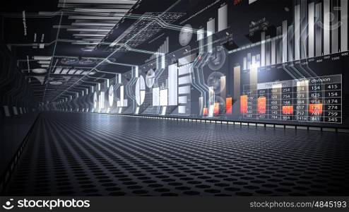 Internet technology business concept. Futuristic 3D interior view with infographic elements