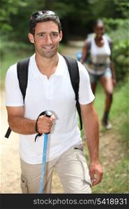 Interracial couple hiking