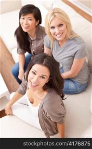 Interracial Group of Three Beautiful Women Friends Smiling
