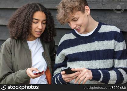 Interracial teenagers boy and girl, male and female, mixed race African American girl, Caucasian boy, texting and using mobile cell phone