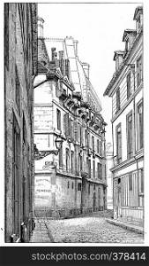 Intersection of Rue Hautefeuille and Snaking street, vintage engraved illustration. Paris - Auguste VITU ? 1890.