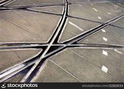Intersection of street car tracks.