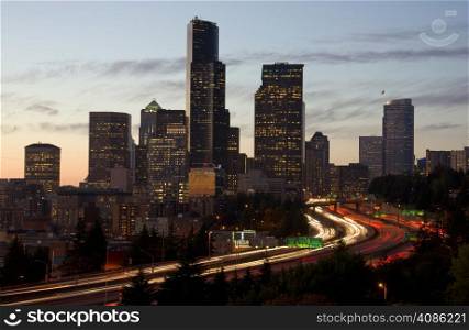 Interstate 5 cuts a wide path through the center of Downtown Seattle
