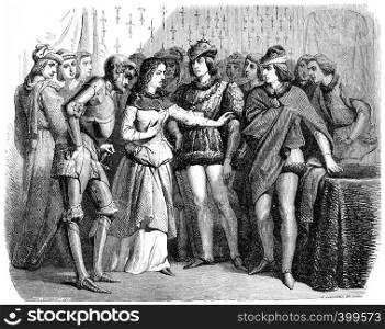 Interview of Charles VII and Joan of Arc Chinon, vintage engraved illustration.