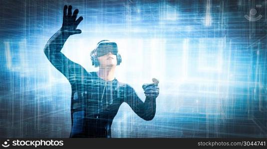 Into virtual reality world. Man wearing goggle headset. Future technology. 3D rendering. Into virtual reality world. Man wearing goggle headset.