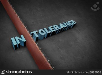 Intolerance and intolerant concept as a border wall dividing a word representing prejudice and discrimination as a 3D illustration.