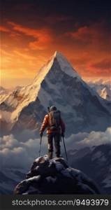 Intrepid Mountaineer Ascent in Snowy Mountain Landscape. Generative ai. High quality illustration. Intrepid Mountaineer Ascent in Snowy Mountain Landscape. Generative ai
