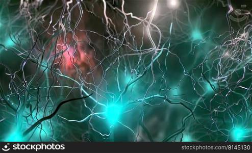 Intro Brain Impulses. Neuron System. Transferring Pulses And Generating .From neurons during synapsis to a human head. 3d illustration. Intro Brain Impulses. Neuron System. Transferring Pulses And Generating