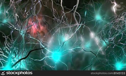 Intro Brain Impulses. Neuron System. Transferring Pulses And Generating .From neurons during synapsis to a human head. 3d illustration. Intro Brain Impulses. Neuron System. Transferring Pulses And Generating