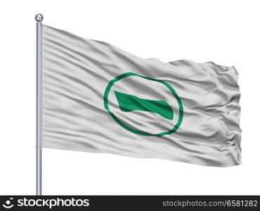 Inuyama City Flag On Flagpole, Country Japan, Aichi Prefecture, Isolated On White Background. Inuyama City Flag On Flagpole, Japan, Aichi Prefecture, Isolated On White Background