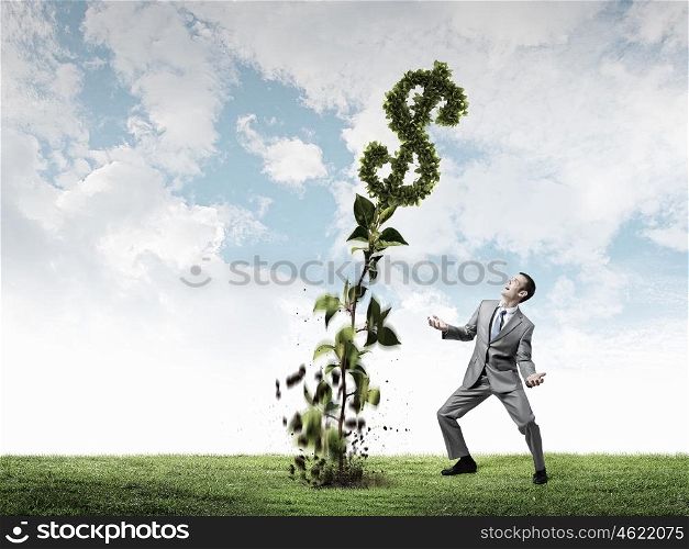 Invest right to get income. Young businessman watering green plant with can