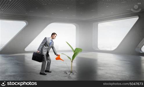 Invest right to get income. Young businessman watering green plant with can