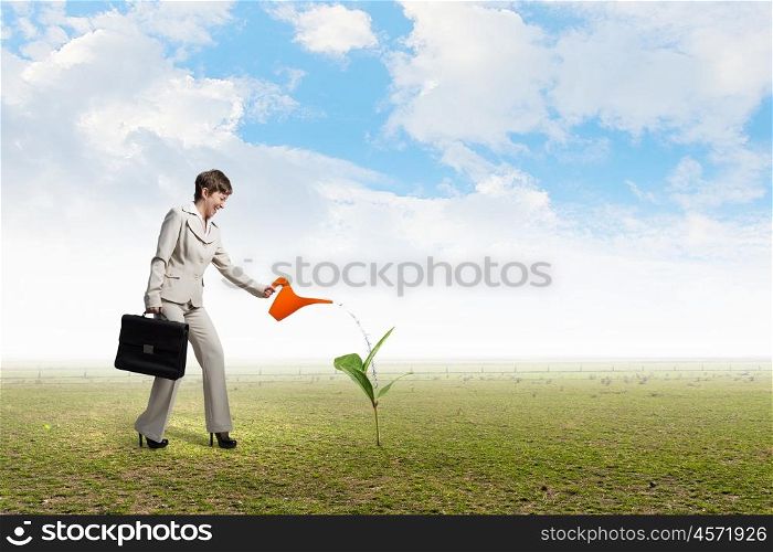 Invest to increase your incomes. Businesswoman with can watering green growing money tree