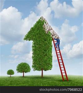 Investing advice and financial help with a tree shaped as an upward arrow with missing leaves on the branches and a businessman climbing a red ladder to inspect the problem and cure the wealth management challenge.