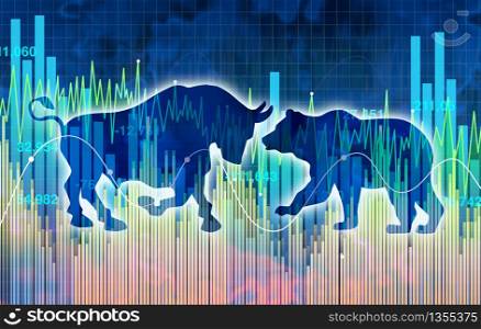 Investing financial symbol with a two business icons representing the bear and bull markets with a stock market chart and ticker investing graph in a 3D illustration style.