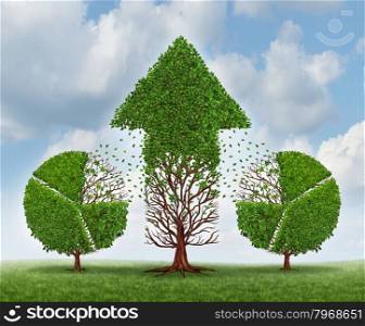 Investing for growth business concept with trees shaped as a financial pie chart transferring and lending assets to a growing arrow shaped plant as an idea of growing wealth strategy on a sky.