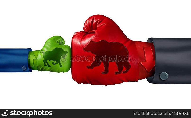 Investing in a bear stock market as a big bearish symbol fighting a small bull icon as a financial and economic battle with strong negative market forces with 3D illustration elements.