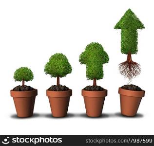 Investing money and financial growth success concept as a group of plant pots as gradual growing trees with a mature tree shaped as an arrow taking off upward free from the constraints of home as a symbol for economic investment.