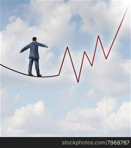Investing risk and financial management leadership skill as a business concept and metaphor conquering adverity with a businessman walking on a high wire tight rope that is in the shape of a stock market graph on a sky background.