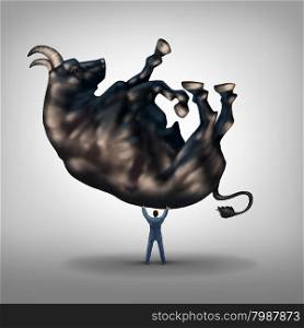 Investing solutions and financial leadership symbol and business success concept as a take charge businessman lifting a giant bull as an icon of a leader with taking control of wealth management.