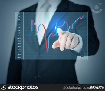 investment, business, future technology and money concept - closeup of man hand pointing at forex chart