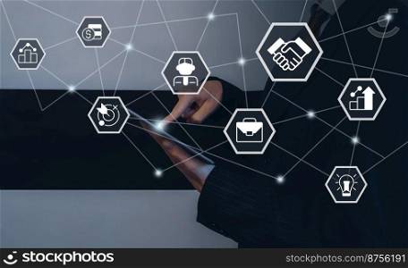 Investment company closeup concept image with white glyph icons. Profit growth. Side view photo of businessman with tablet on background. Picture for web banner, infographics, blog, news and article. Investment company closeup concept image with white glyph icons
