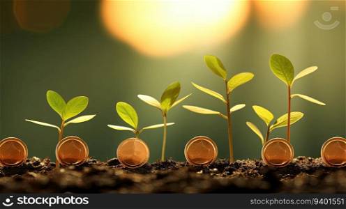 Investment concept, Coins growing on green background with bokeh