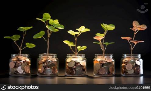 Investment concept, Coins in glass jar with tree growing on black background