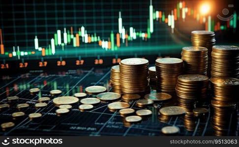 Investment concept, Coins stack with stock market or forex trading graph background.