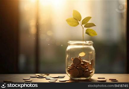 Investment concept plant growing out of coins in a glass jar.