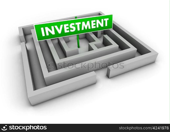 Investment concept with labyrinth and green goal sign on white background.