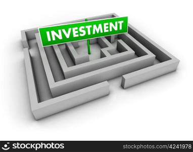Investment concept with labyrinth and green goal sign on white background.