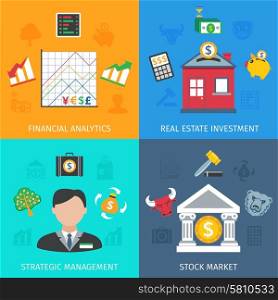 Investment design concept set with financial analytics and strategic management flat icons isolated vector illustration. Investment Flat Set