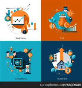 Investment design concept set with money saving and stock market profit flat icons isolated vector illustration. Investment Icons Set