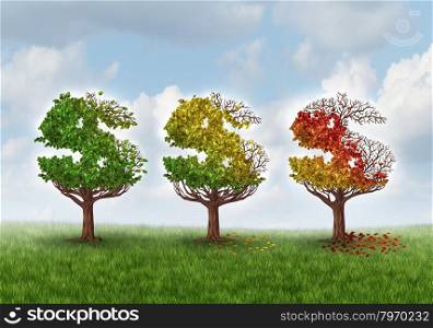 Investment loss and financial stress business concept with three trees shaped as a dollar or money symbol gradually losing leaves in an autumn theme from green to red as an idea for aging savings crisis needing a new strategy.