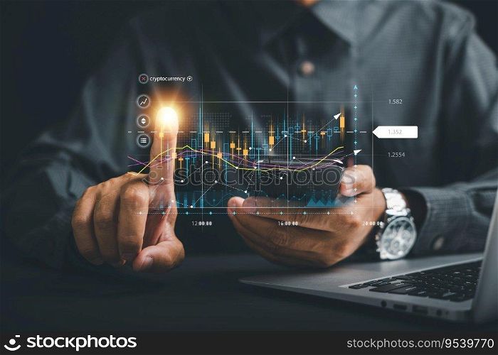Investment planning and strategy concept. Trader man points at a virtual hologram stock on a screen, symbolizing the possibilities of stock market trading for business growth and financial success.