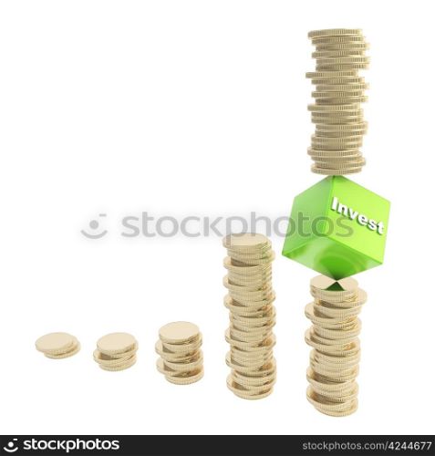 Investment risk conceptual illustration as a stack of golden coins balancing over the cube edge isolated on white background