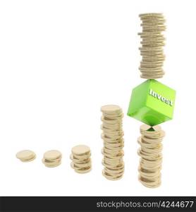 Investment risk conceptual illustration as a stack of golden coins balancing over the cube edge isolated on white background