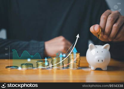 Investment strategy - businessman hand putting coins in a piggy bank with a background of stock market charts and graphs. Saving for future growth and financial security.