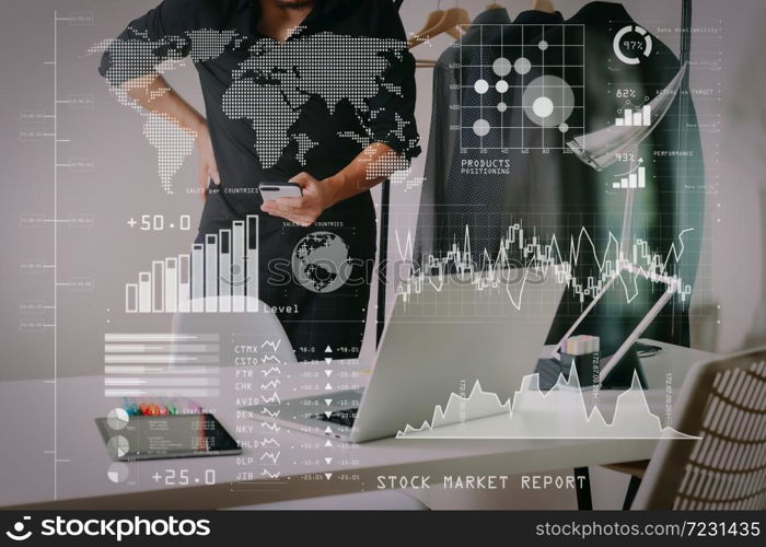 Investor analyzing stock market report and financial dashboard with business intelligence (BI), with key performance indicators (KPI).Fashion designer using mobile phone and using laptop with digital tablet.