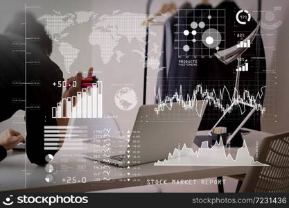 Investor analyzing stock market report and financial dashboard with business intelligence (BI), with key performance indicators (KPI).Fashion designer working with mobile phone and using laptop.