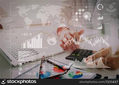 Investor analyzing stock market report and financial dashboard with business intelligence (BI), with key performance indicators (KPI).businessman hand working with finances about cost and calculator.