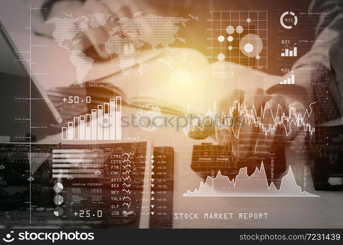 Investor analyzing stock market report and financial dashboard with business intelligence (BI), with key performance indicators (KPI).businessman hand working with finances about cost and calculator.