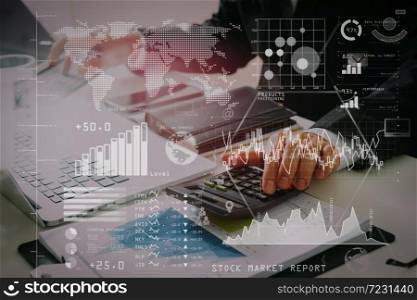 Investor analyzing stock market report and financial dashboard with business intelligence (BI), with key performance indicators (KPI).businessman hand working with finances about cost and calculator.