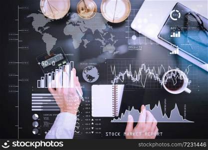 Investor analyzing stock market report and financial dashboard with business intelligence (BI), with key performance indicators (KPI).justice and law concept.businessman or lawyer or accountant working.