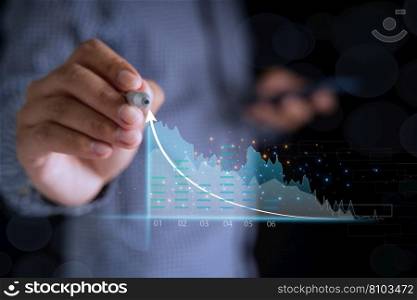 Investor growth chart and investment analysis concept of business growth in stocks, profits, development and success. Presentation of financial market graphs on stock market developments and profits.