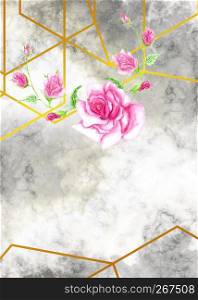 Invitation design with watercolor flower over marble with gold geometric lines.