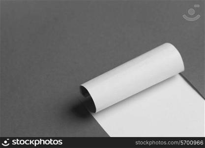 Involuted cut piece of paper opening white copy space on gray background