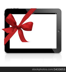 ipad tablet computer with Red Satin gift ribbon isolated on white background