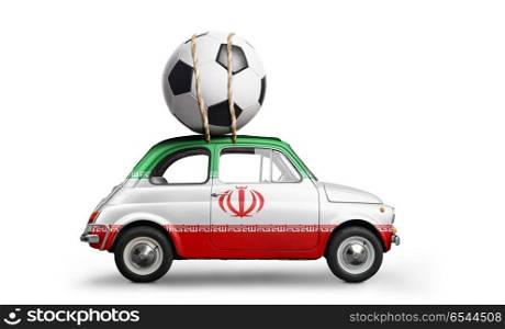 Iran football car. Iran flag on car delivering soccer or football ball isolated on white background